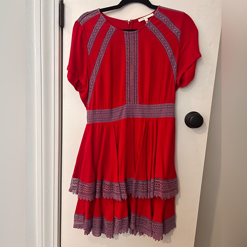 Maje Paris size 3 red with lavender lace flouncy dress